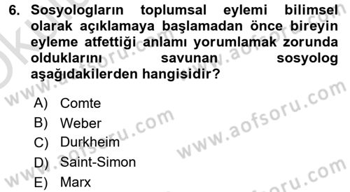 Sosyolojiye Giriş Dersi 2022 - 2023 Yılı Yaz Okulu Sınav Soruları 6. Soru