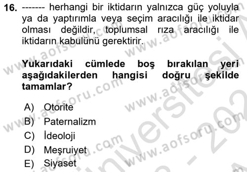 Sosyolojiye Giriş Dersi 2023 - 2024 Yılı (Vize) Ara Sınavı 16. Soru