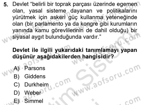 Sosyolojiye Giriş Dersi 2023 - 2024 Yılı (Final) Dönem Sonu Sınav Soruları 5. Soru