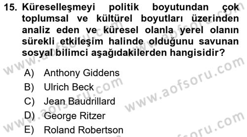 Sosyolojiye Giriş Dersi 2024 - 2025 Yılı (Vize) Ara Sınav Soruları 15. Soru