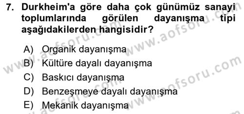 Sosyolojiye Giriş Dersi 2024 - 2025 Yılı (Vize) Ara Sınav Soruları 7. Soru