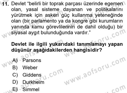 Sosyolojiye Giriş Dersi 2025 - 2026 Yılı Yaz Okulu Sınav Soruları 11. Soru