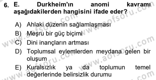 Sosyolojiye Giriş Dersi 2025 - 2026 Yılı Yaz Okulu Sınav Soruları 6. Soru