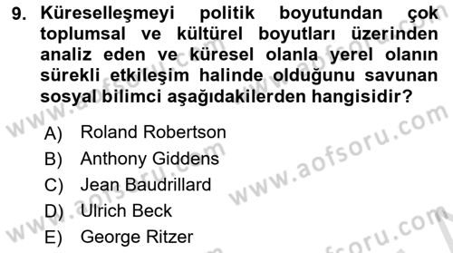 Sosyolojiye Giriş Dersi 2025 - 2026 Yılı Yaz Okulu Sınav Soruları 9. Soru