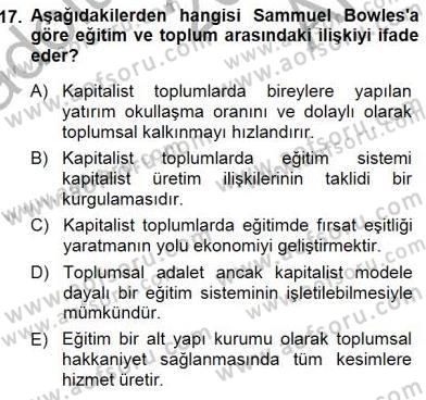 Eğitim Sosyolojisi Dersi Ara Sınavı Deneme Sınav Soruları 17. Soru