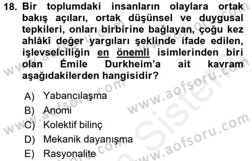 Sosyal Bilimlerde Temel Kavramlar Dersi 2017 - 2018 Yılı (Final) Dönem Sonu Sınav Soruları 18. Soru