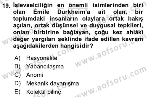 Sosyal Bilimlerde Temel Kavramlar Dersi 2019 - 2020 Yılı (Final) Dönem Sonu Sınav Soruları 19. Soru