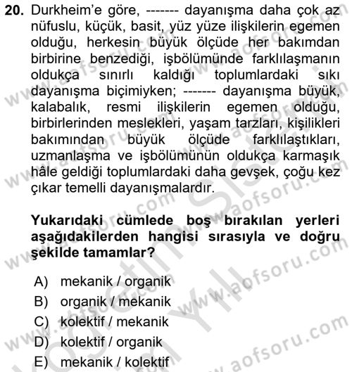 Sosyal Bilimlerde Temel Kavramlar Dersi 2020 - 2021 Yılı Yaz Okulu Sınav Soruları 20. Soru