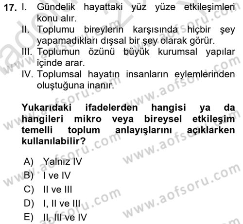 Sosyal Bilimlerde Temel Kavramlar Dersi 2021 - 2022 Yılı Yaz Okulu Sınav Soruları 17. Soru