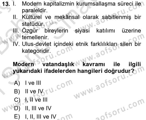 İnsan ve Toplum Dersi 2016 - 2017 Yılı (Final) Dönem Sonu Sınavı 13. Soru