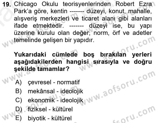 İnsan ve Toplum Dersi 2018 - 2019 Yılı (Vize) Ara Sınavı 19. Soru