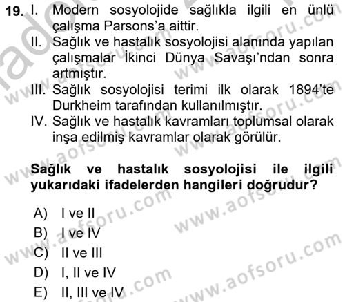 İnsan ve Toplum Dersi 2018 - 2019 Yılı Yaz Okulu Sınavı 19. Soru