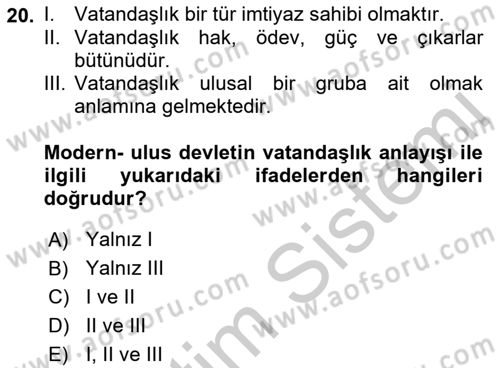 İnsan ve Toplum Dersi 2018 - 2019 Yılı Yaz Okulu Sınavı 20. Soru