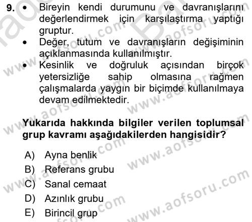 İnsan ve Toplum Dersi 2023 - 2024 Yılı (Vize) Ara Sınav Soruları 9. Soru