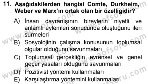 Sosyolojide Araştırma Yöntem ve Teknikleri Dersi Ara Sınavı Deneme Sınav Soruları 11. Soru
