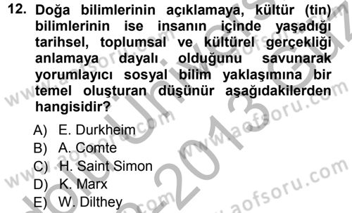 Sosyolojide Araştırma Yöntem ve Teknikleri Dersi Ara Sınavı Deneme Sınav Soruları 12. Soru