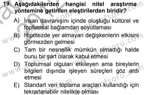 Sosyolojide Araştırma Yöntem ve Teknikleri Dersi Ara Sınavı Deneme Sınav Soruları 19. Soru