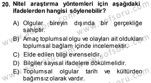 Sosyolojide Araştırma Yöntem ve Teknikleri Dersi Ara Sınavı Deneme Sınav Soruları 20. Soru