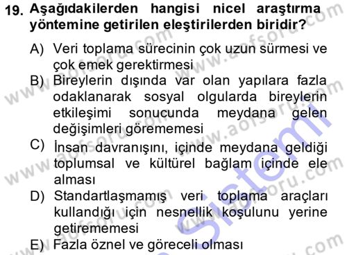 Sosyolojide Araştırma Yöntem ve Teknikleri Dersi Ara Sınavı Deneme Sınav Soruları 19. Soru