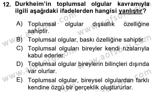 Sosyolojide Araştırma Yöntem ve Teknikleri Dersi Ara Sınavı Deneme Sınav Soruları 12. Soru