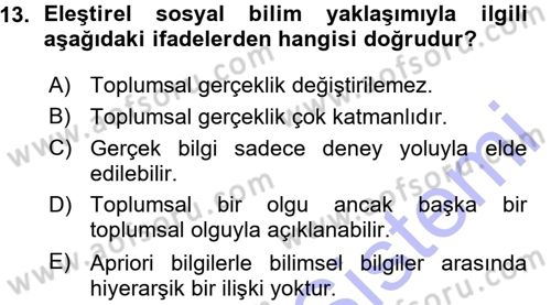 Sosyolojide Araştırma Yöntem ve Teknikleri Dersi Ara Sınavı Deneme Sınav Soruları 13. Soru