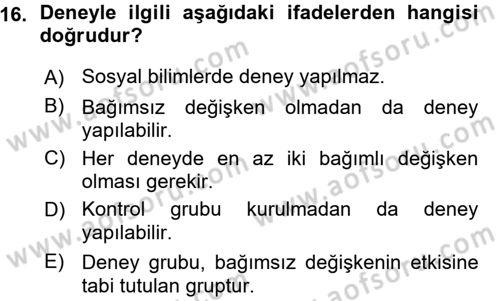 Sosyolojide Araştırma Yöntem ve Teknikleri Dersi Ara Sınavı Deneme Sınav Soruları 16. Soru