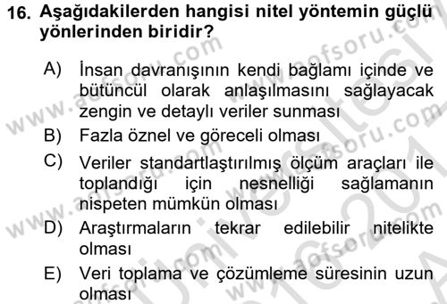 Sosyolojide Araştırma Yöntem ve Teknikleri Dersi Ara Sınavı Deneme Sınav Soruları 16. Soru