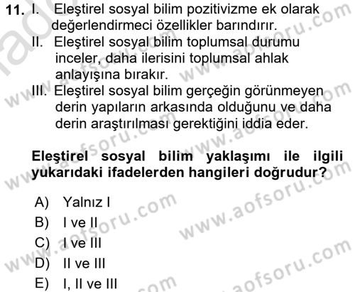 Sosyolojide Araştırma Yöntem ve Teknikleri Dersi Ara Sınavı Deneme Sınav Soruları 11. Soru