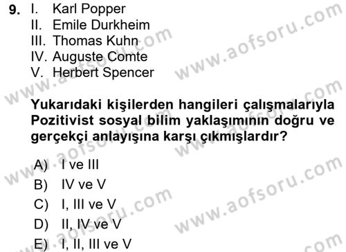 Sosyolojide Araştırma Yöntem ve Teknikleri Dersi Ara Sınavı Deneme Sınav Soruları 9. Soru