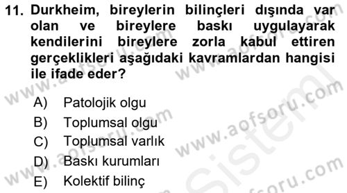 Sosyolojide Araştırma Yöntem ve Teknikleri Dersi Ara Sınavı Deneme Sınav Soruları 11. Soru