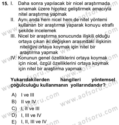 Sosyolojide Araştırma Yöntem ve Teknikleri Dersi Ara Sınavı Deneme Sınav Soruları 15. Soru