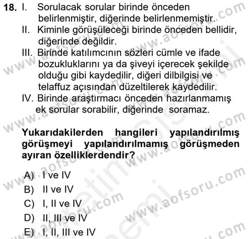 Sosyolojide Araştırma Yöntem ve Teknikleri Dersi Ara Sınavı Deneme Sınav Soruları 18. Soru