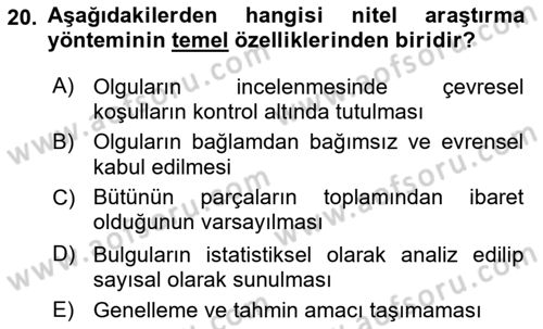 Sosyolojide Araştırma Yöntem ve Teknikleri Dersi Ara Sınavı Deneme Sınav Soruları 20. Soru