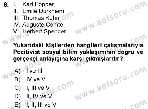 Sosyolojide Araştırma Yöntem ve Teknikleri Dersi Ara Sınavı Deneme Sınav Soruları 8. Soru