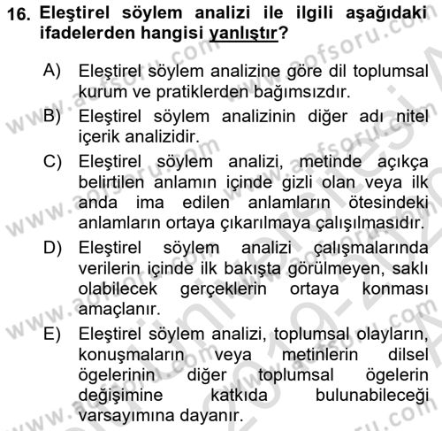 Sosyolojide Araştırma Yöntem ve Teknikleri Dersi Ara Sınavı Deneme Sınav Soruları 16. Soru