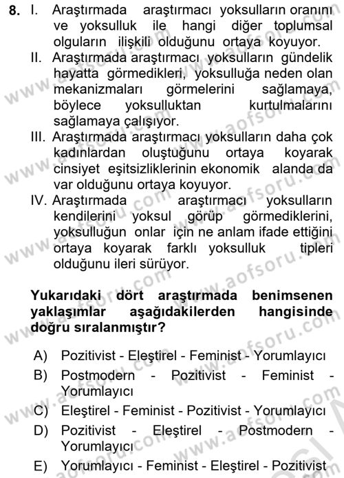 Sosyolojide Araştırma Yöntem ve Teknikleri Dersi Ara Sınavı Deneme Sınav Soruları 8. Soru