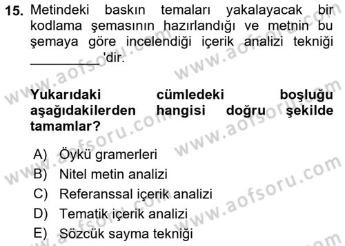 Sosyolojide Araştırma Yöntem ve Teknikleri Dersi Ara Sınavı Deneme Sınav Soruları 15. Soru