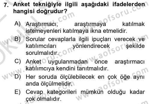 Sosyolojide Araştırma Yöntem ve Teknikleri Dersi 2021 - 2022 Yılı Yaz Okulu Sınav Soruları 7. Soru