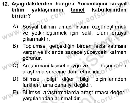 Sosyolojide Araştırma Yöntem ve Teknikleri Dersi 2022 - 2023 Yılı (Vize) Ara Sınav Soruları 12. Soru
