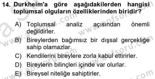 Sosyolojide Araştırma Yöntem ve Teknikleri Dersi Ara Sınavı Deneme Sınav Soruları 14. Soru