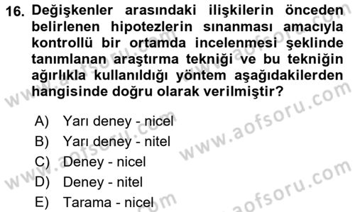 Sosyolojide Araştırma Yöntem ve Teknikleri Dersi Ara Sınavı Deneme Sınav Soruları 16. Soru
