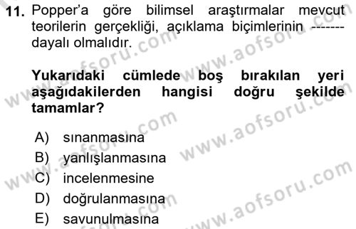 Sosyolojide Araştırma Yöntem ve Teknikleri Dersi Ara Sınavı Deneme Sınav Soruları 11. Soru