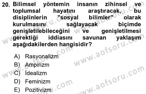 Sosyolojide Araştırma Yöntem ve Teknikleri Dersi 2023 - 2024 Yılı (Vize) Ara Sınav Soruları 20. Soru