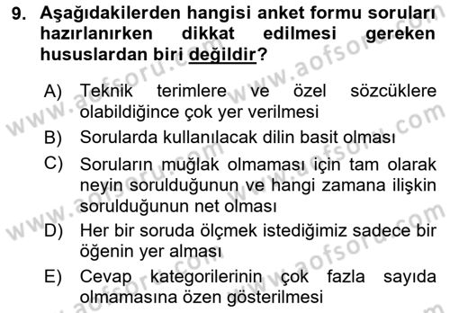 Sosyolojide Araştırma Yöntem ve Teknikleri Dersi Ara Sınavı Deneme Sınav Soruları 9. Soru