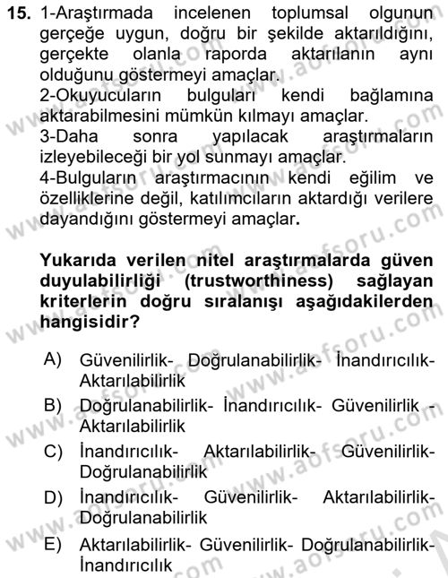 Sosyolojide Araştırma Yöntem ve Teknikleri Dersi 2023 - 2024 Yılı Yaz Okulu Sınav Soruları 15. Soru