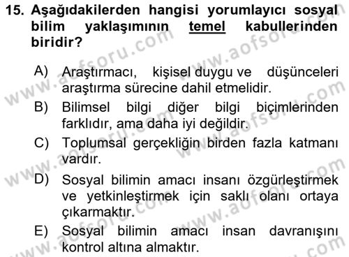 Sosyolojide Araştırma Yöntem ve Teknikleri Dersi 2024 - 2025 Yılı (Vize) Ara Sınav Soruları 15. Soru