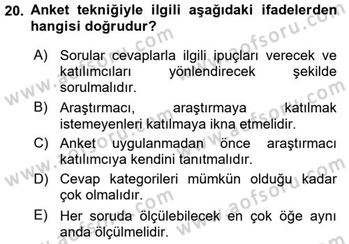Sosyolojide Araştırma Yöntem ve Teknikleri Dersi Ara Sınavı Deneme Sınav Soruları 20. Soru