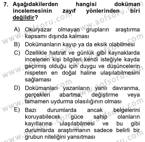 Sosyolojide Araştırma Yöntem ve Teknikleri Dersi 2024 - 2025 Yılı Yaz Okulu Sınav Soruları 7. Soru