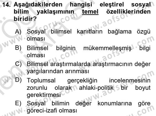 Sosyolojide Araştırma Yöntem ve Teknikleri Dersi 2025 - 2026 Yılı (Vize) Ara Sınav Soruları 14. Soru