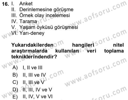 Sosyolojide Araştırma Yöntem ve Teknikleri Dersi 2025 - 2026 Yılı (Vize) Ara Sınav Soruları 16. Soru